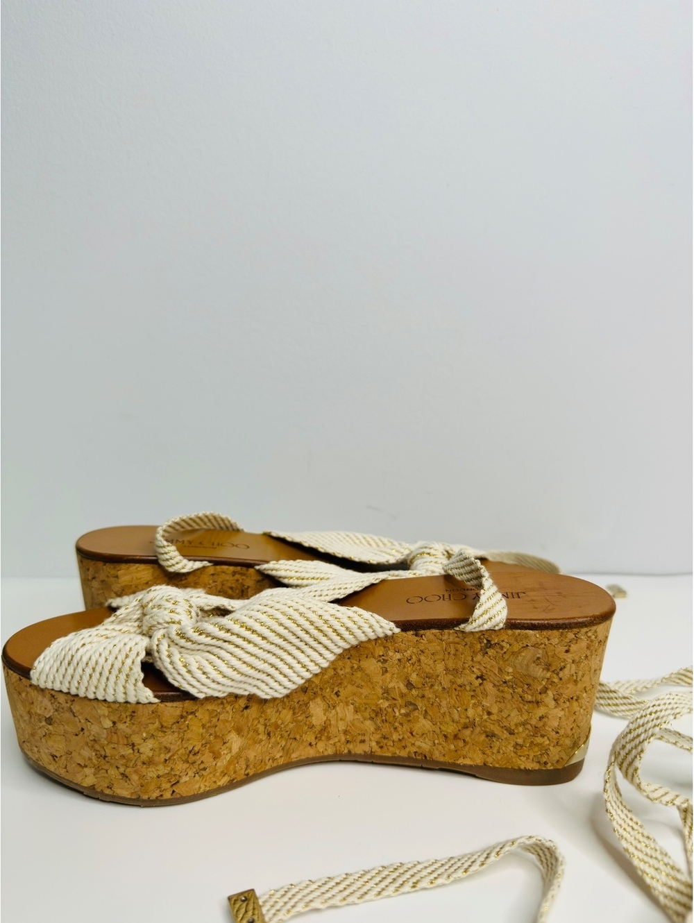 Jimmy Choo Cork Wedge Sandals Size 35 Ivory Gold Bow Lace Up Made Spain - Picture 4 of 9